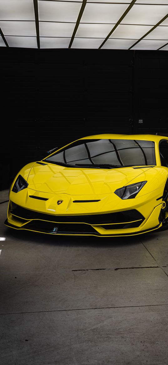 lamborghini, car, yellow, room, light