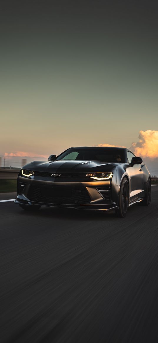 chevrolet camaro, chevrolet, sports car, car, black, road, speed, clouds, sky