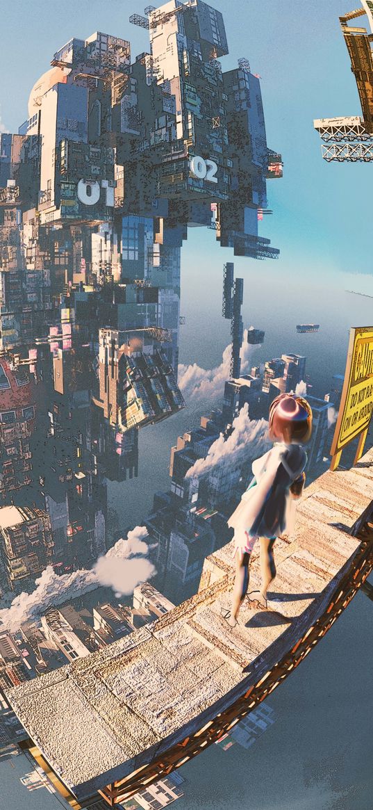 girl, height, city, flying, clouds, future, science fiction, anime, art