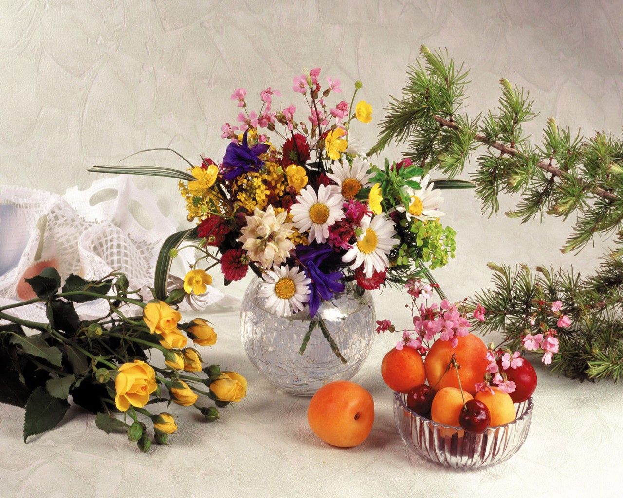 roses, daisies, flowers, field, flower, vase, fruit, still life