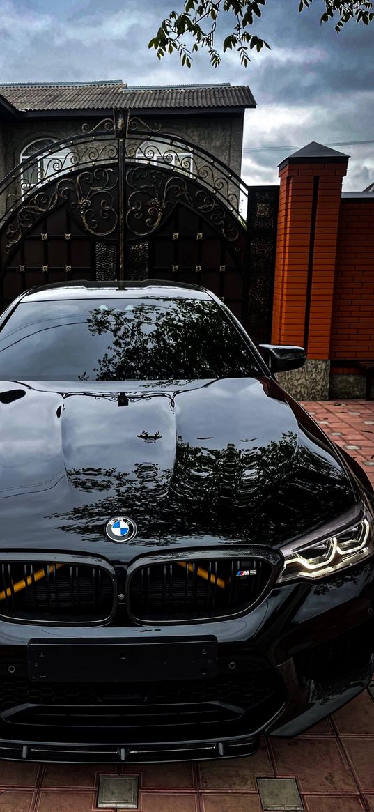 bmw m5, bmw, sports car, car, black, gate, house, clouds, cloudy