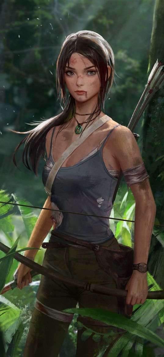 lara croft, tomb rider, game, anime, girl bow, arrows, jungle, art