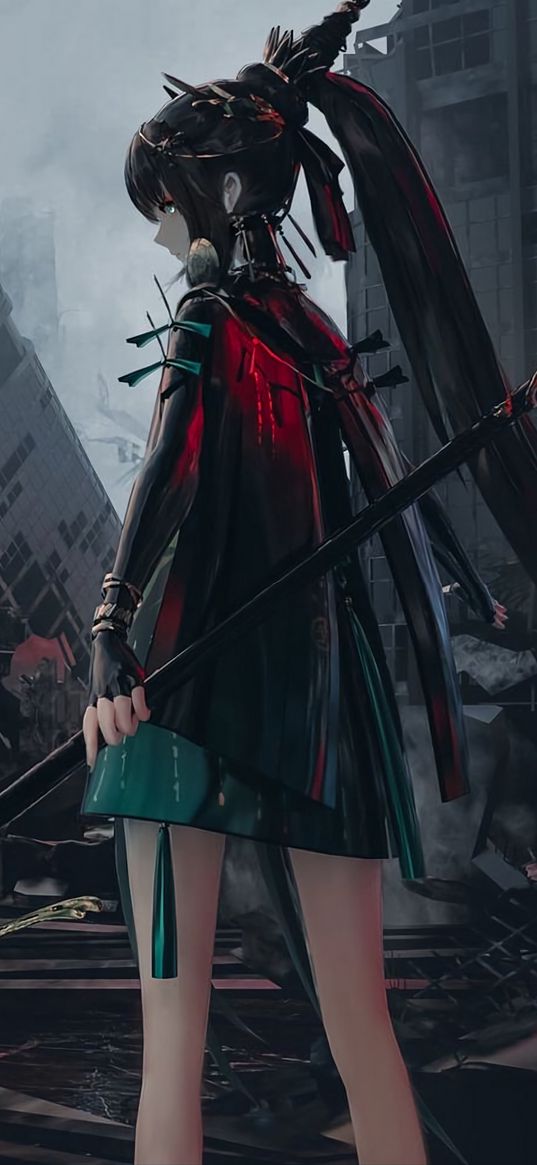 girl, anime, art, spear, city, ruins