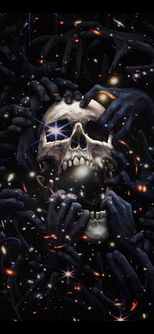 skull, hands, dark, shine, space