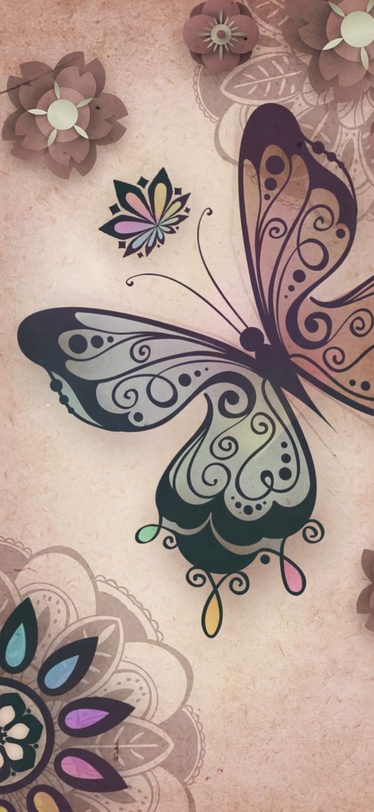 butterfly, flowers, mandala, beige, art