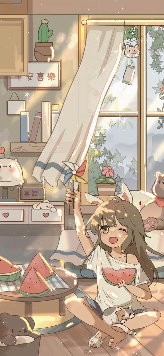 girl, anime, art, ears, toys, watermelon, room, window