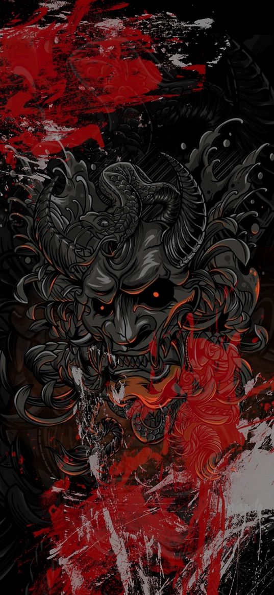 demon, horns, paint, red, dark background