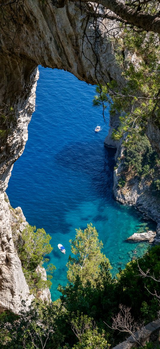 rock, sea, trees, boats, bottom