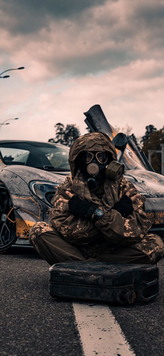 apocalypse, mclaren 650s, liberty walk, car, man, gas mask