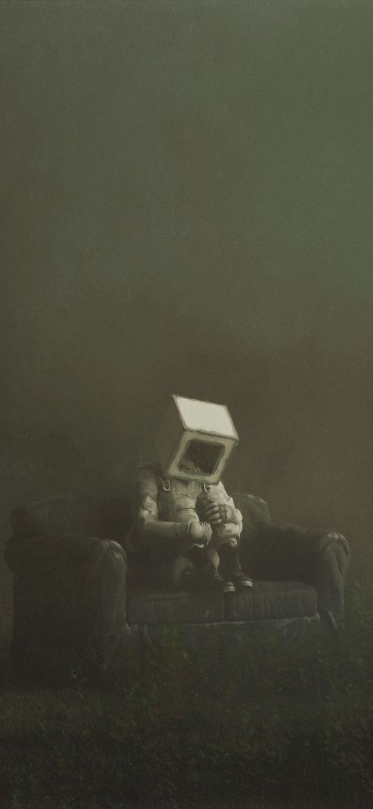 man, cube, sofa, fantasy, loneliness, sadness, art