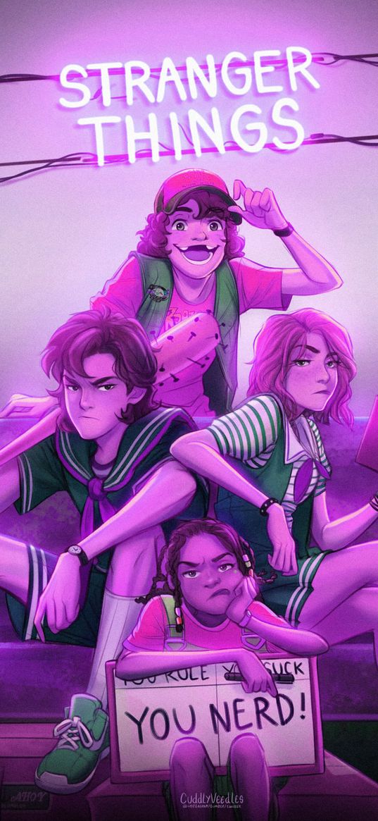 stranger things, tv series, characters, teenagers, neon, purple, art