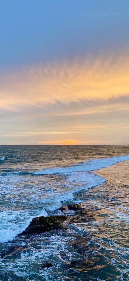 sea, waves, rocks, shore, beach, hotel, horizon, clouds, sunset, sky, nature