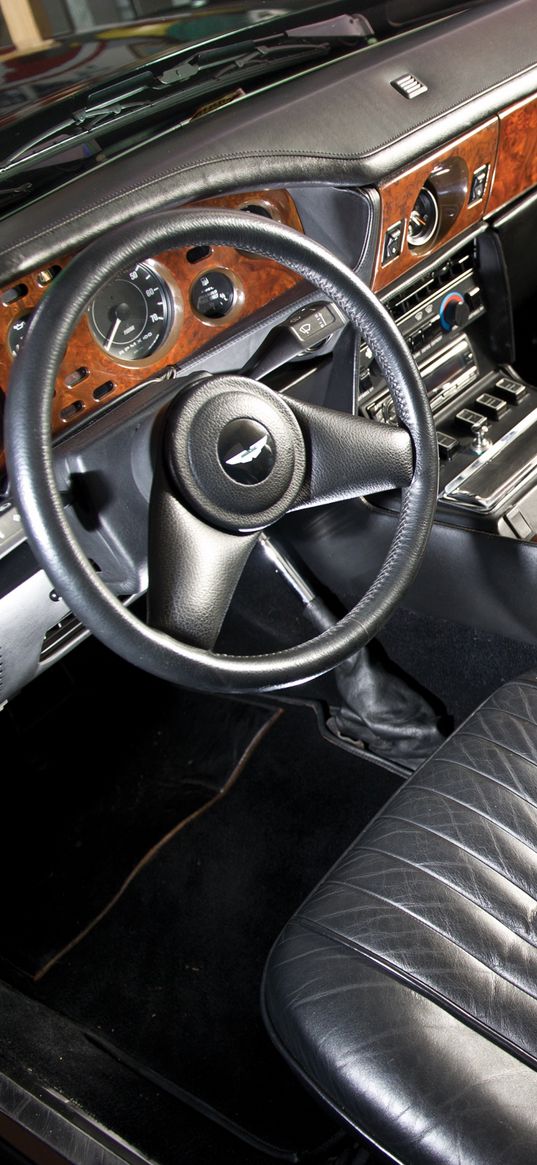 aston martin, v8, vantage, 1986, black, salon, interior, steering wheel, speedometer