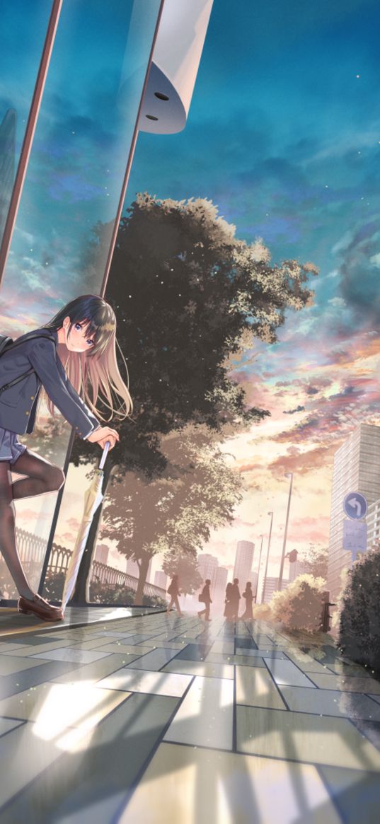 schoolgirl, girl, cute, school uniform, backpack, umbrella, stairs, street, anime, art