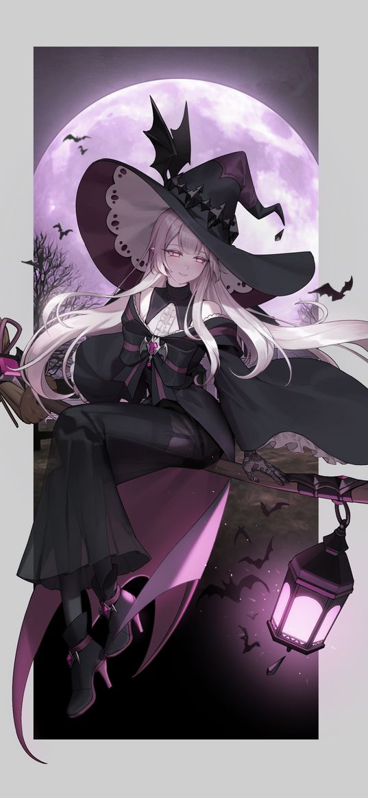 witch, girl, broom, moon, night, anime, art