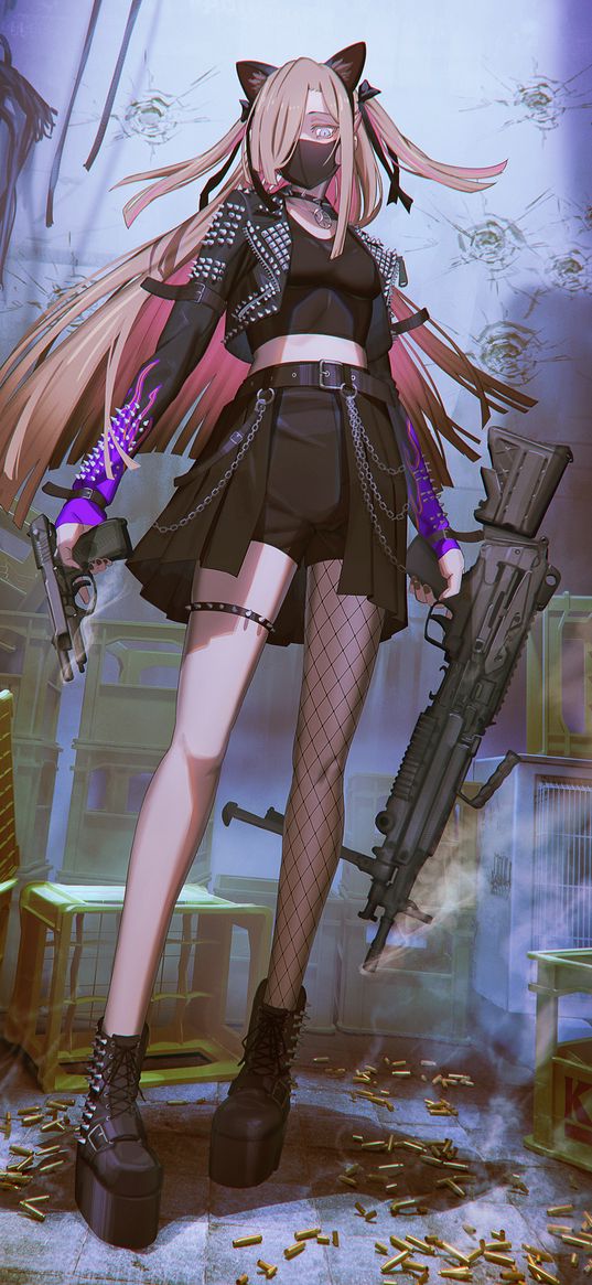 girl, anime, art, weapon, ammunition, boxes