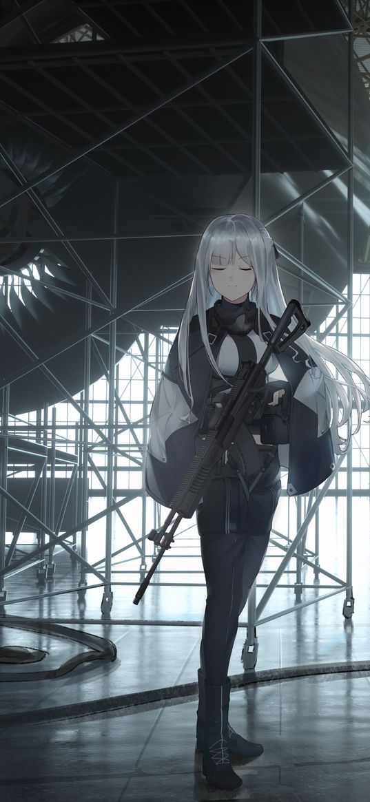 girl, anime, art, weapons, hangar, turbine