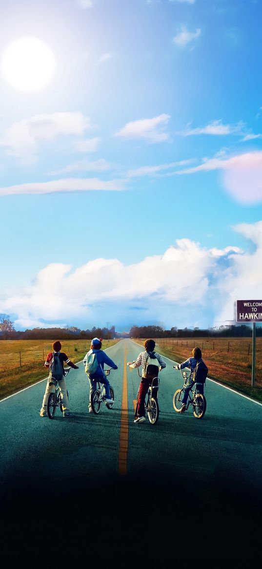 stranger things, tv series, characters, bicycles, road, sign