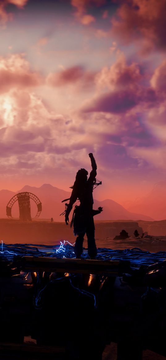 eloy, horizon zero dawn, game, girl, landscape, desert, ship