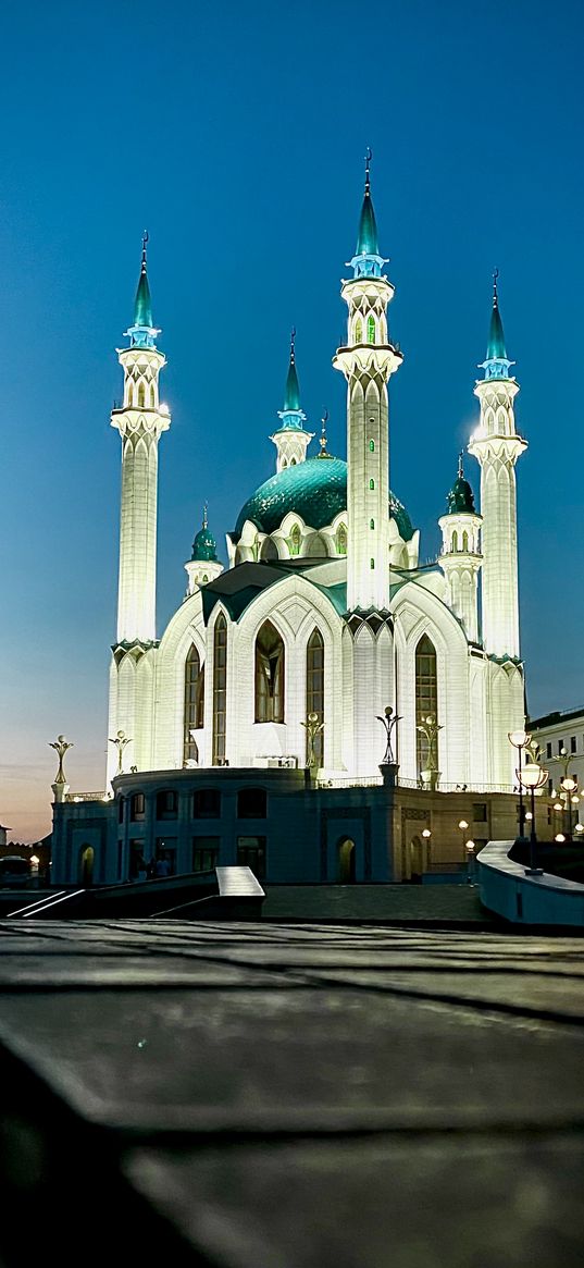 kul sharif mosque, architecture, lanterns, night, kazan