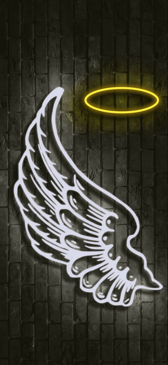 halo, wing, angel, neon, wall, brick