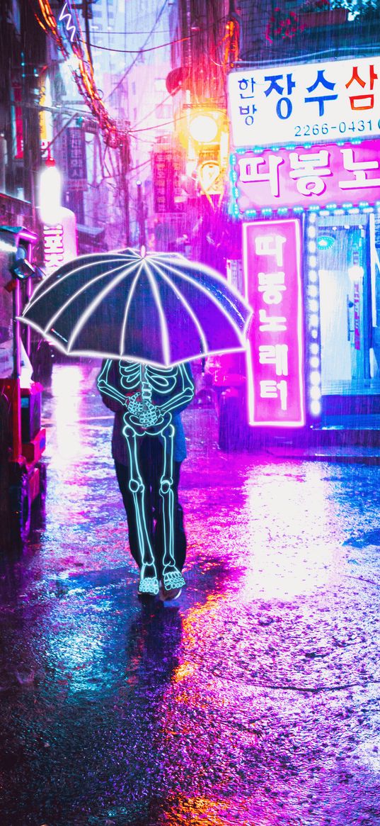 skeleton, umbrella, street, neon, japan, korea