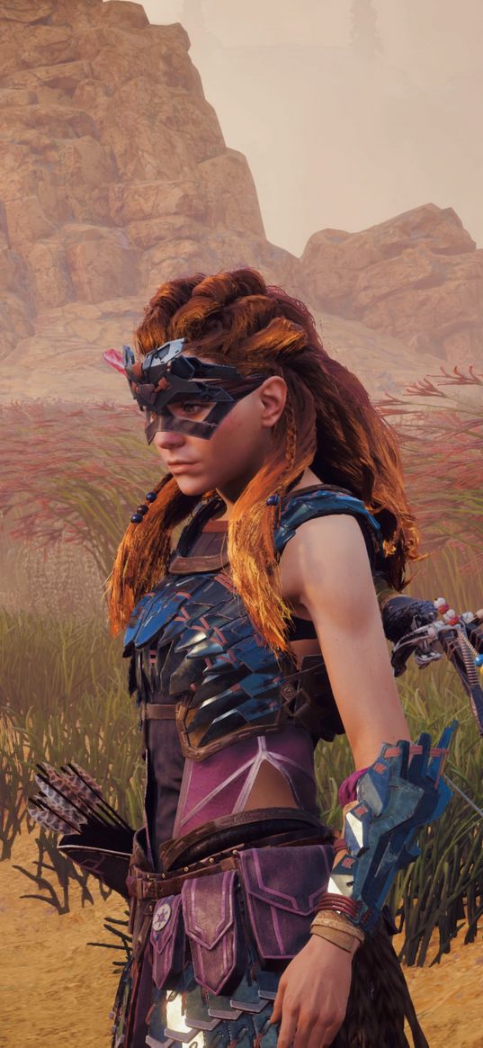 eloy, horizon zero dawn, game, girl, landscape, grass, weapon