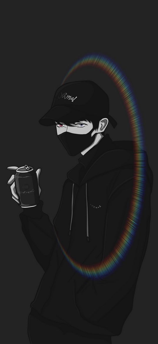 boy, mask, baseball cap, can, drink, halo, black and white, rainbow, art