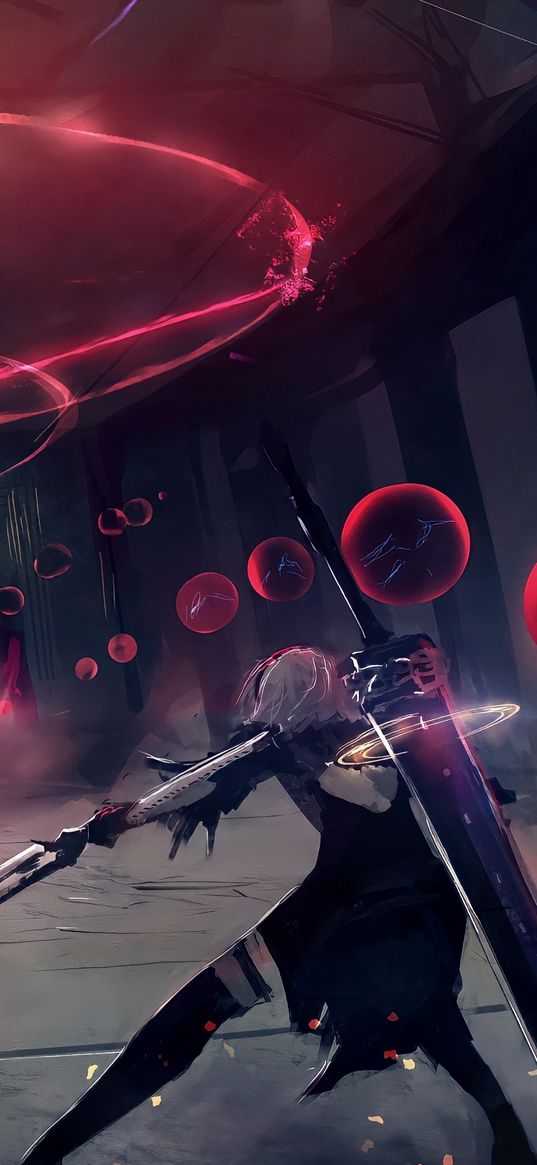 nier automata, 2b, game, girl, warrior, sword, monster, balls, magic, anime, art