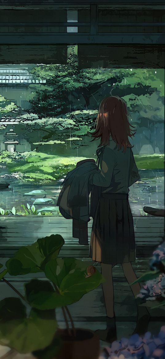 girl, lizards, house, garden, rain, fantasy, anime, art