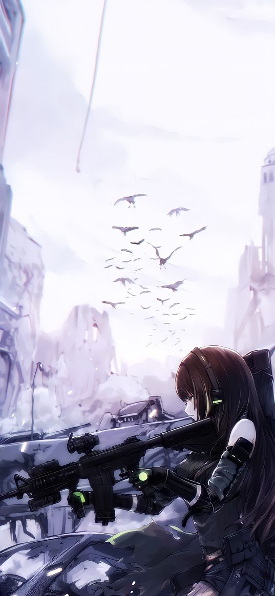 girl, soldier, rifle, weapon, ruins, street, city, post-apocalypse, birds, anime, art