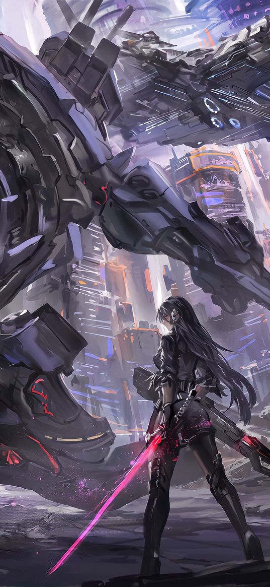 girl, warrior, sword, transformer, cyborg, robot, monster, city, future, battle, anime, art