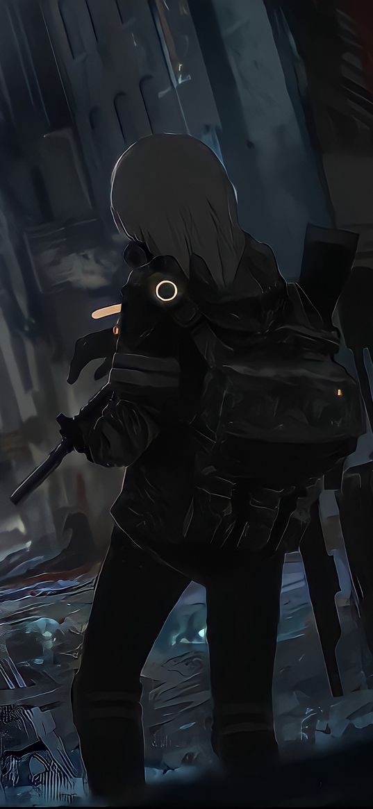 girl, soldier, backpack, machine gun, weapon, slum, street, city, dark, anime, art