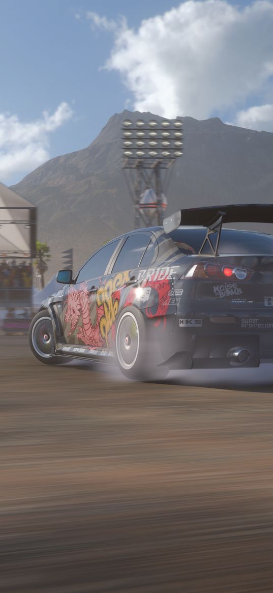 forza horizon, game, mitsubishi, sports car, car, race, speed, track, spectators, mountains