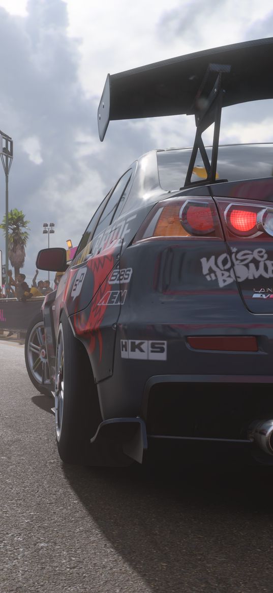 forza horizon, game, mitsubishi lancer, mitsubishi, sports car, car, race, track, spectators