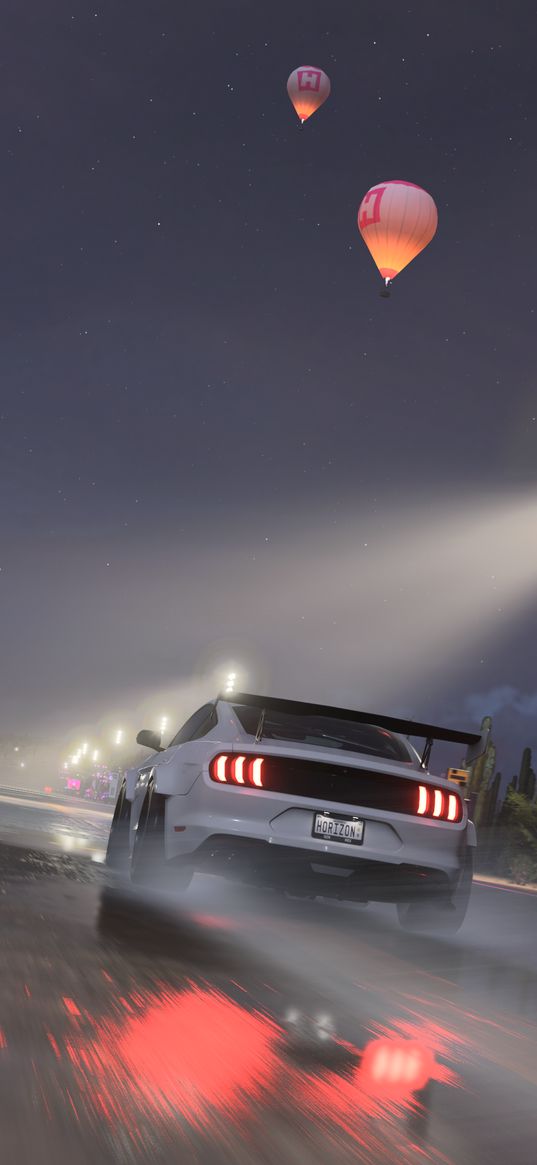 forza horizon, game, ford mustang, ford, sports car, car, race, speed, track, lights, balloons, night