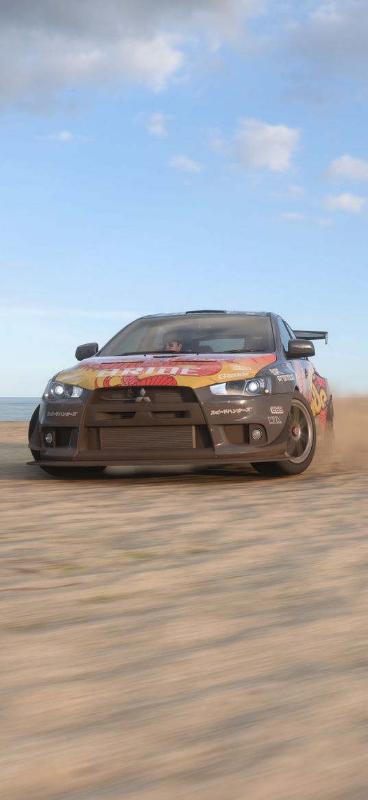 forza horizon, game, mitsubishi lancer, mitsubishi, sports car, car, speed, desert, sea, clouds, sky