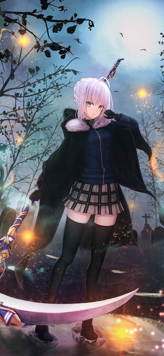 gray, fate, game, anime, girl, robe, braid, skirt, stockings, beautiful, graves, cemetery, ghosts, trees, art