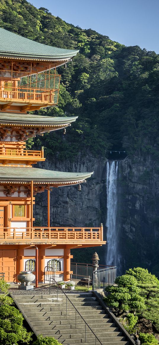 pagoda, stairs, architecture, waterfall