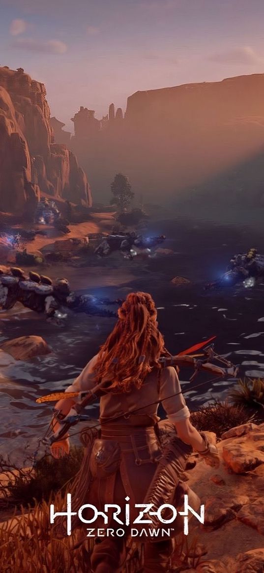 eloy, horizon zero down, game, girl, landscape, machines, inscription