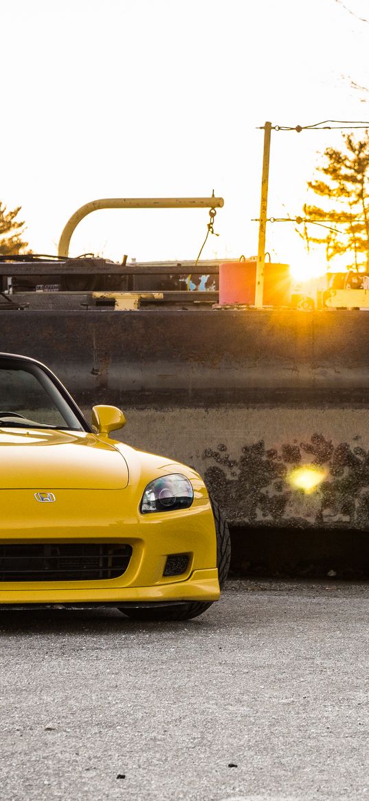 honda s2000, honda, car, yellow, sunset