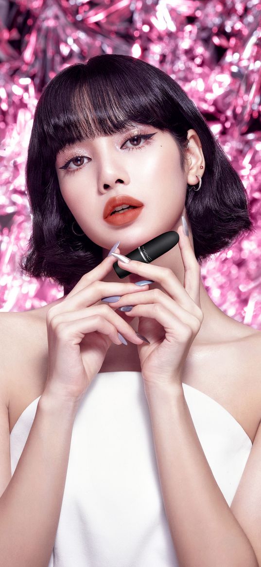 girl, korean, model, lipstick, pink background