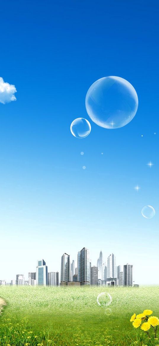 city, distance, sky, bubble, sun, dandelions