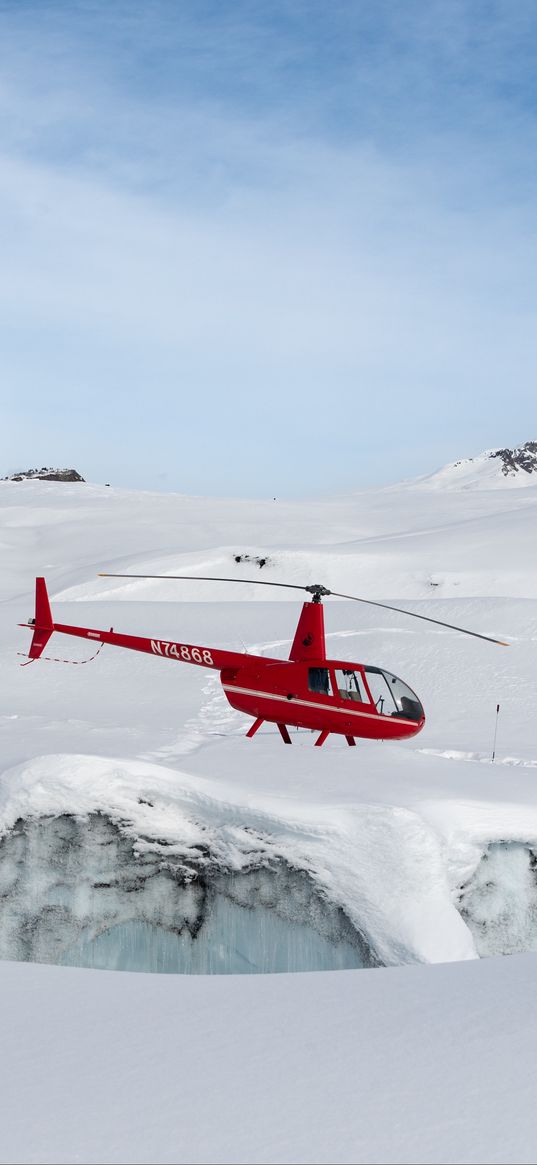 helicopter, snow, glacier, white, red