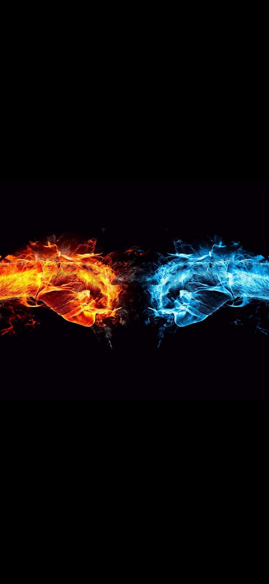 fists, hands, fire, ice, red, blue, black background