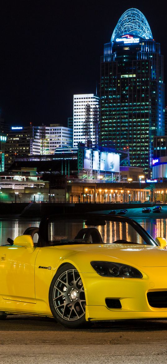 honda s2000, honda, car, yellow, city, lights, night