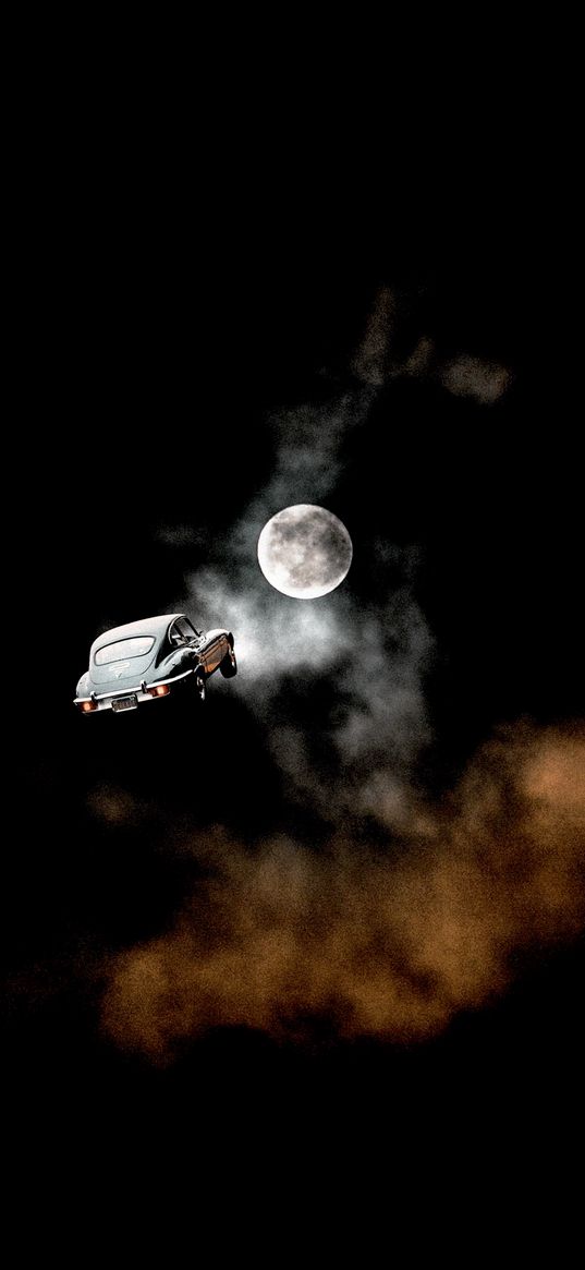 car, moon, flying, clouds, fog, dark background, fiction