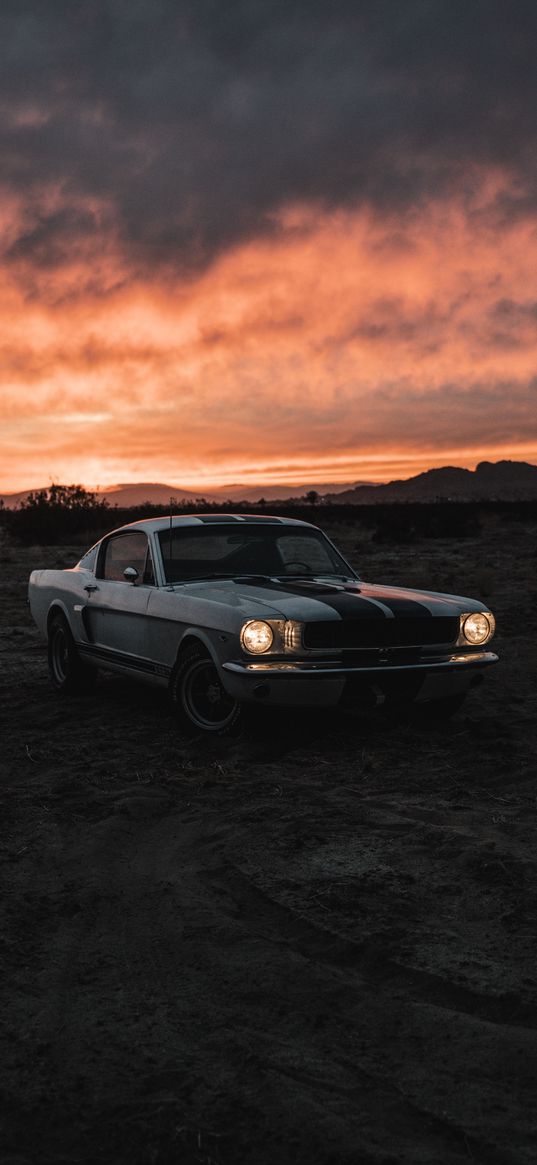 ford mustang, ford, car, retro, field, hills, clouds, sunset, evening