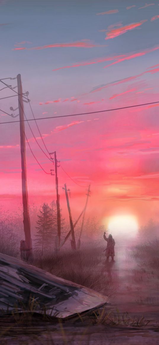 stalker, game, soldiers, weapons, dog, poles, wires, forest, sun, sunset, sky, pink, art