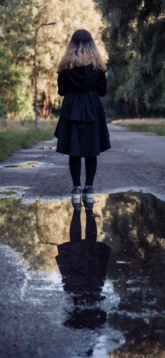 girl, road, puddle, reflection, lonely, trees, forest